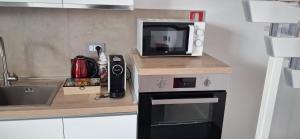a small kitchen with a counter with a microwave at Il Borgo in Lurago D'Erba 