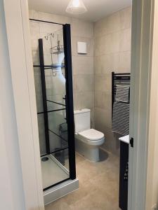 a bathroom with a toilet and a glass shower at Guest house in Compton in Winchester +13 photos