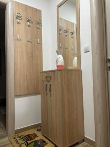 a dressing room with wooden cabinets and a mirror at Apartman Davidovic in Divčibare +2 photos