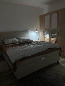 a bedroom with a large bed and a mirror at Apartman Davidovic in Divčibare