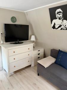 a living room with a flat screen tv and a couch at Domek Kitara in Skorochow