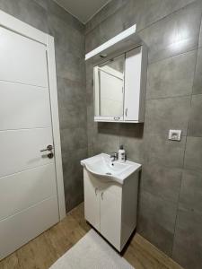 a bathroom with a sink and a mirror and a door at Apartman S in Vrnjačka Banja +2 photos