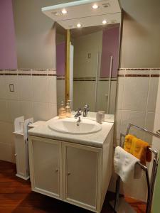 a bathroom with a sink and a large mirror at Les Greniers in Myon +30 photos