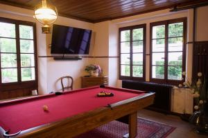 a red pool table in a room with windows at Le Bois-Gentil in Gryon