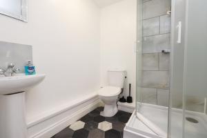 a bathroom with a toilet and a sink and a shower at Studio - Kitchen - Parking - Ideal for Contractors in Swansea