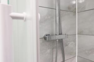 a shower in a bathroom with a shower door at Studio - Kitchen - Parking - Ideal for Contractors in Swansea