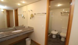 a bathroom with a sink and a toilet and a mirror at 1601 - Hotel & Residence Sol Alphaville Flat in Barueri +3 photos