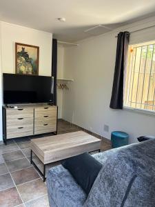 a living room with a couch and a flat screen tv at La Marie Blanche in Saint-Zacharie