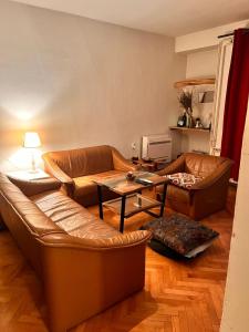 a living room with two leather couches and a table at Apartment 16 in Probištip