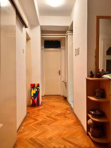 a hallway with a door and a wooden floor at Apartment 16 in Probištip +6 photos