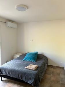 a bedroom with a bed with a blue pillow at La Marie Blanche in Saint-Zacharie