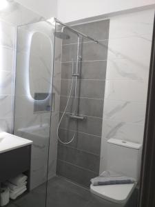 a bathroom with a shower with a toilet and a sink at Sandalis Hotel in Pythagoreio