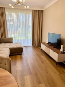 a living room with a couch and a flat screen tv at Luxury Apartment Sofia in Sofia