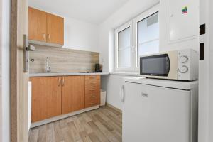 a small kitchen with a refrigerator and a microwave at Apartmán Plasy in Plasy