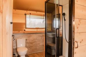a small bathroom with a toilet and a shower at Vakantiepark Eigen Wijze in Bant +44 photos