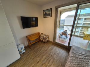 a living room with a television and a large window at T3 spacieux,2chambres,clim,piscine in Sainte-Maxime