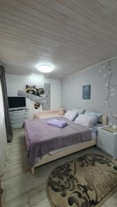a bedroom with a large bed and a rug at Три горішки in Yaremche