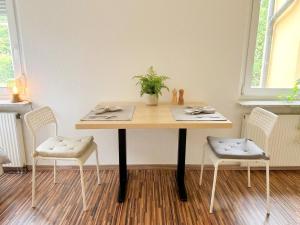 a dining room table with two chairs and a plant on it at Zentrale Ferienunterkunft in Sulzbach-Rosenberg