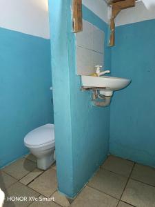 a blue bathroom with a toilet and a sink at Mida Creek Eco Camp in Watamu +104 photos