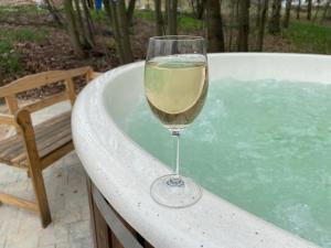a glass of wine sitting in a bath tub at Slow life Karkonosze in Wojcieszyce