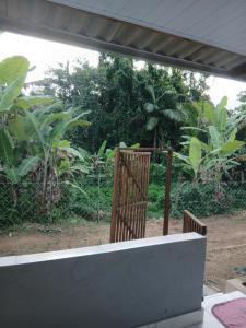 a view of a garden from the outside of a house at Kitnet na mata atlantica in Ubatuba