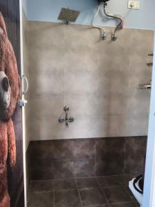 a bathroom with a shower with a tiled wall at Bay Breeze Vijay Villa in Pondicherry +13 photos