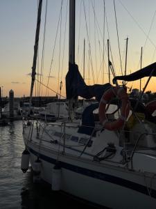 a sail boat docked in a harbor with the sun setting at Velero Nadya in Arrecife