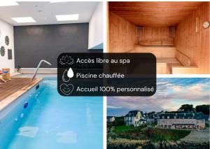a collage of three pictures of a swimming pool at Hôtel La Baie des Anges, son SPA marin & sa piscine couverte in Landéda