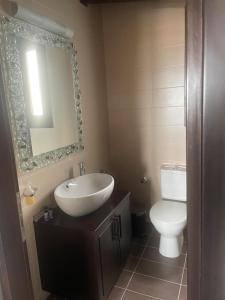 a bathroom with a sink and a toilet and a mirror at Casa con Vista in Eretria +7 photos
