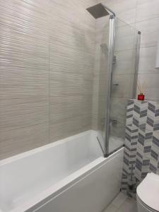 a bathroom with a shower and a tub and a toilet at Golden Era Relax in Odesa +3 photos