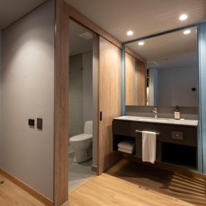 a bathroom with a sink and a toilet at Hotel Habitel Select in Bogotá +57 photos