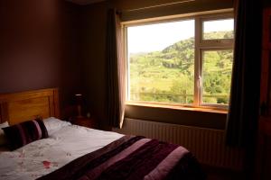 a bedroom with a bed and a window with a view at Black Valley lodge in Killarney