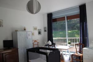 a kitchen with a table and a large window at Les Hauts de Perrache in Sainte-Foy-lès-Lyon