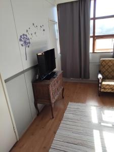 a living room with a tv on a dresser with a televisionictericter at Willa Witsari 27m2 in Kokkola +2 photos