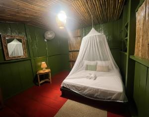a bed in a green room with a ceiling at Tsamuna Ecolodge Macedonia in Macedonia