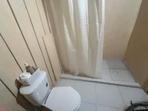 a bathroom with a toilet and a shower curtain at Tsamuna Ecolodge Macedonia in Macedonia +50 photos