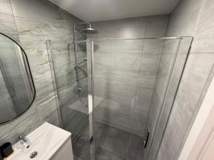 a bathroom with a glass shower and a sink at Apart Apartamenty Łowiecka 4A Free Parking in Leszno