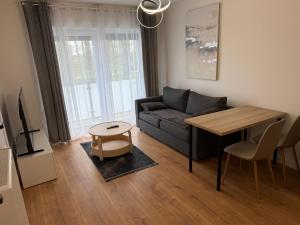 a living room with a couch and a table at Apart Apartamenty Łowiecka 4A Free Parking in Leszno