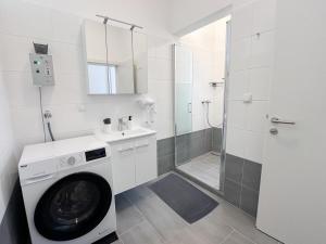 a washing machine in a bathroom with a shower at Paky Appartements 00210 in Vienna