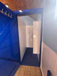a bathroom with blue doors and a walk in shower at Little Green Glamping Pod in Narberth +18 photos