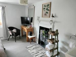 a living room with a fireplace and a television at Coxwold Tearoom in Coxwold +6 photos