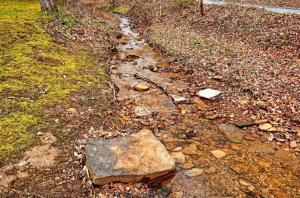 a rock sitting on the side of a dirt road at Lane's End in Laurelville