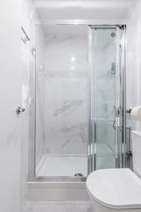 a white bathroom with a shower and a toilet at LooP Alcala in Madrid