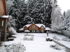 a house covered in snow in front of trees at Cabañas Rincon del Lago in Villa La Angostura