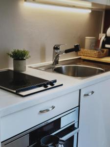 a kitchen counter with a sink and a tablet on it at Angoli di pace - Duplex in Muralto +24 photos