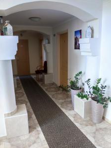 a hallway with potted plants in a building at Mátyás Szállás Panzió in Szombathely