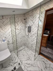a bathroom with a shower with a toilet at The Loft in Burnley