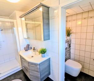 a bathroom with a sink and a toilet at Das Inselhaus in Norddeich +37 photos