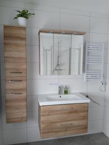 a bathroom with a sink and a mirror at Ferienwohnung Josef in Steyr +16 photos
