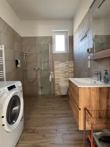 a bathroom with a washing machine and a sink at KutyaGazdi Apartman in Balatonfenyves